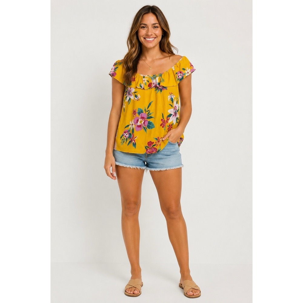 Old Navy Yellow Floral Tropical Ruffle Top Womens Large Off Shoulder Summer